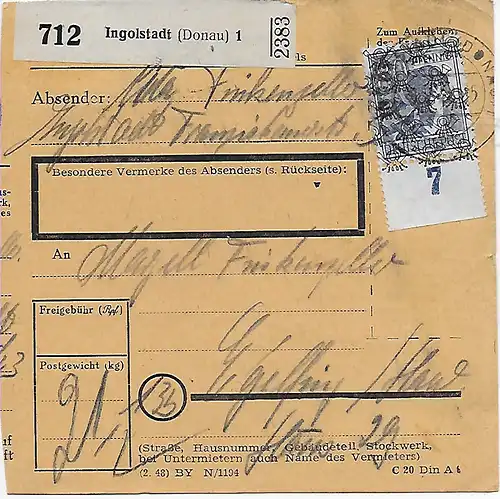 Paketkarte Ingolstadt nach Eglfing 1948, EF