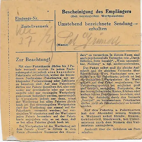 Carte de paquet Ingolstadt vers Eglfing 1948, EF
