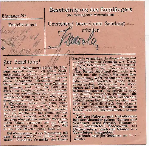 Paketkarte Rennertshofen bei Neuburg nach Haar, 1948, MeF