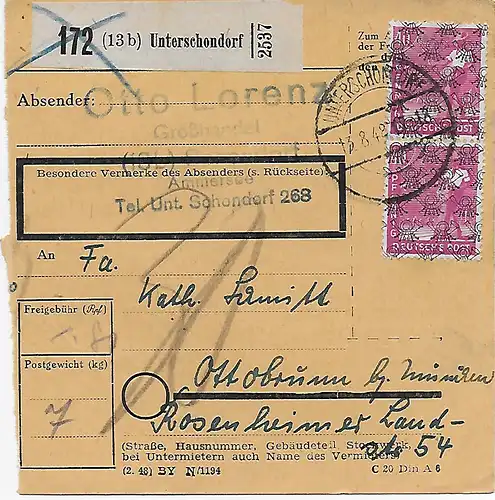 Paketkarte Unterschondorf nach Ottobrunn, 1948, MeF