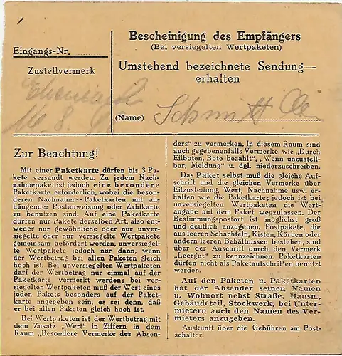 Carte de paquet Untersochdorf vers Ottobrunn, 1948, MeF
