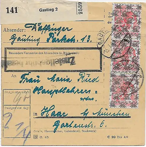 Paketkarte Gauting nach Haar,1948, MeF