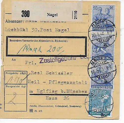 Wert-Paketkarte von Nagel an die Heil-Pflegeanstalt Eglfing, 1948
