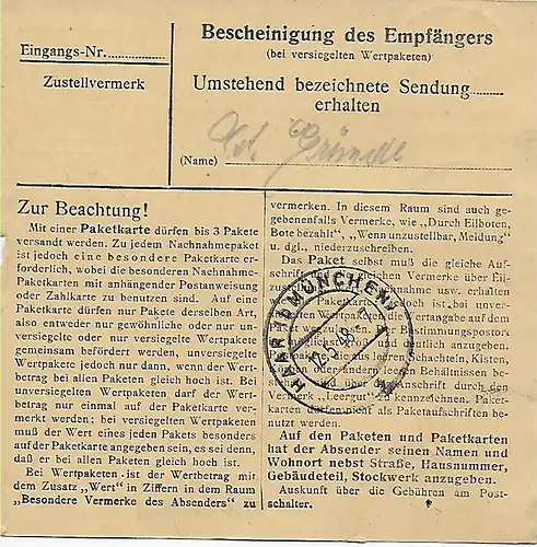 Wert-Paketkarte von Nagel an die Heil-Pflegeanstalt Eglfing, 1948