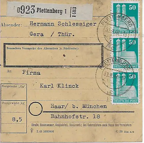Paketkarte von Plettenberg nach Haar, 1948, MeF
