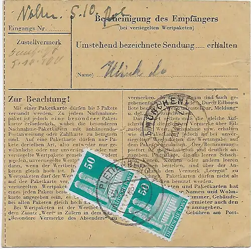 Paketkarte von Plettenberg nach Haar, 1948, MeF