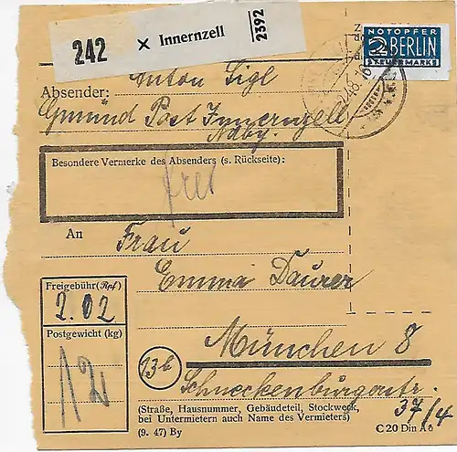 Paketkarte von Innernzell nach München, 1948, MeF MiNr. 92