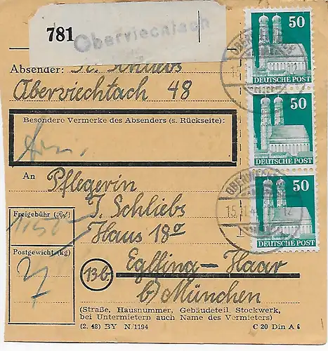 Paketkarte von Oberviechtach nach Eglfing, Heilanstalt, 1948, MeF MiNr. 92
