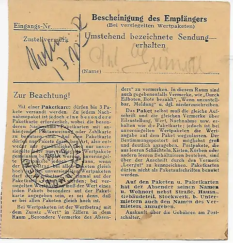 Paketkarte von Oberviechtach nach Eglfing, Heilanstalt, 1948, MeF MiNr. 92