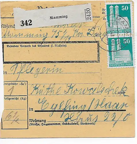 Carte de Mamming vers Eglfing, Centre de cures, 1948, MeF MiNr. 92