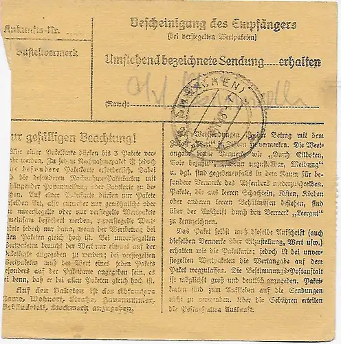 Paketkarte von Mamming nach Eglfing, Heilanstalt, 1948, MeF MiNr. 92