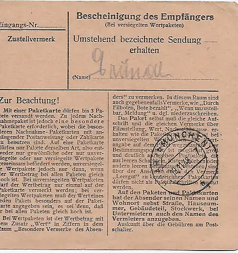 Paketkarte von Traunstein nach Eglfing, Heilanstalt, 1948, MeF MiNr. 92