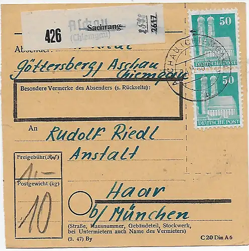 Carte de Aschau/Shrang d'après Eglfing, Centre de cures, 1948, MeF MiNr. 92