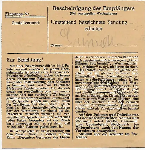 Paketkarte von Aschau/Sachrang nach Eglfing, Heilanstalt, 1948, MeF MiNr. 92