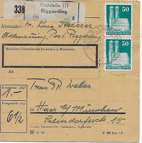 Carte de colis de bureau de poste Riggerding après Haar, 1948, MeF MiNr. 92