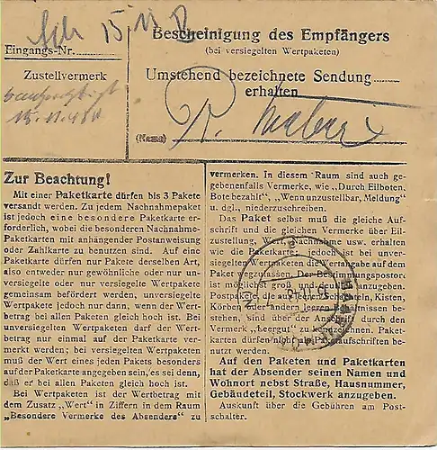 Paketkarte von Poststelle Riggerding nach Haar, 1948, MeF MiNr. 92