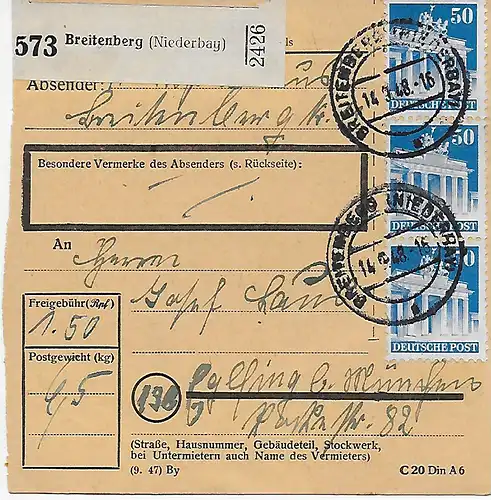 Paketkarte von Breitenberg nach Eglfing, 1948, MeF MiNr. 93