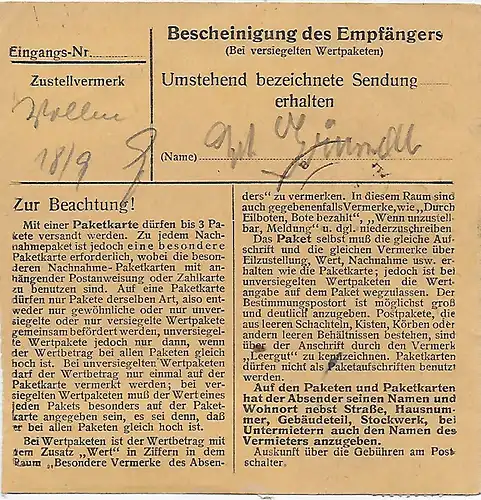 Paketkarte von Breitenberg nach Eglfing, 1948, MeF MiNr. 93