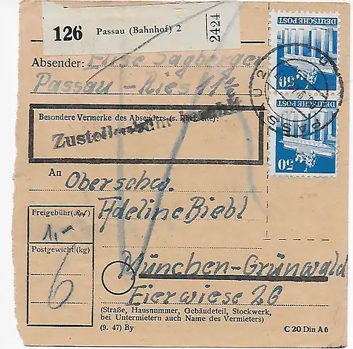 Carte de Passau/Bahnhof à Grünwald, 1948, MeF MiNr. 91
