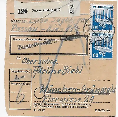 Paketkarte von Passau/Bahnhof nach Grünwald, 1948, MeF MiNr. 91