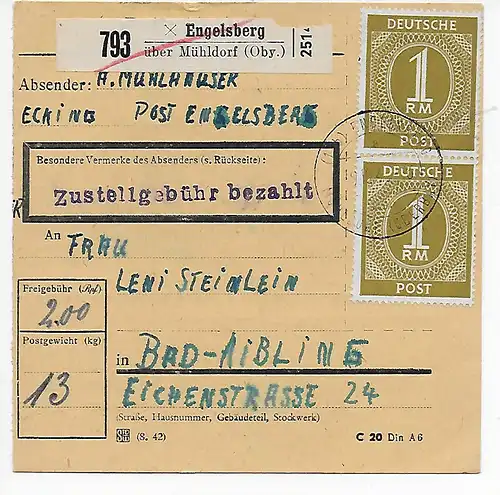 Carte de Engelsberg/Mühldorf d'après Bad Aibling, 1948, MeF MiNr. 937