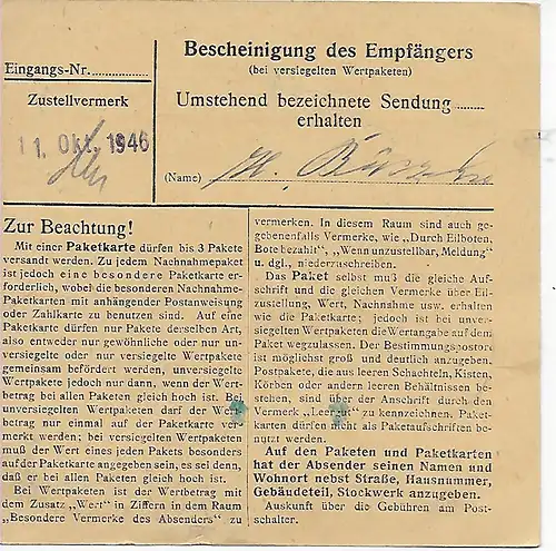 Paketkarte von Engelsberg/Mühldorf nach Bad Aibling, 1948, MeF MiNr. 937