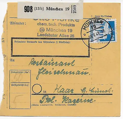 Paketkarte von München nach Haar, 1948, MeF MiNr. 937