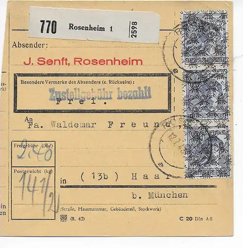 Paketkarte von Rosenheim nach Haar, 1948, MeF MiNr. 50II