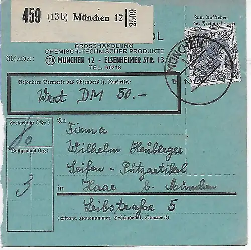 Paketkarte von München nach Haar, Putzartikel, 1948, EF MiNr. 50II