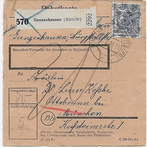 Paketkarte von Gunzenhausen nach Ottobrunn 1948, EF MiNr. 50II, Zustellgebühr 30