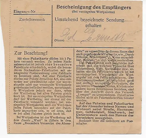 Paketkarte von Bayerisch-Gmain nach Haar, Anstalt 1948, EF MiNr. 50II