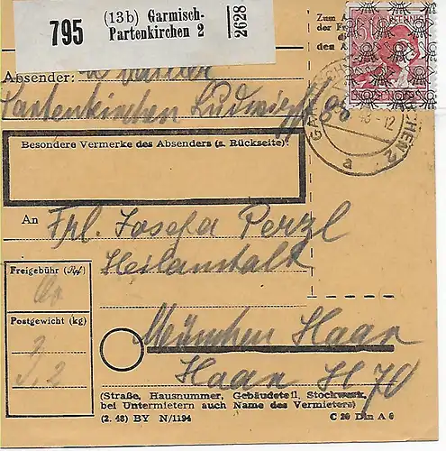 Carte de Garmisch Partenkirchen à Haar 1948, EF Mi Nr. 49II