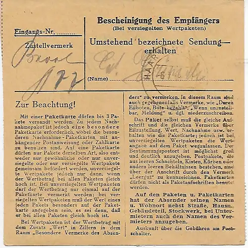 Paketkarte von Garmisch Partenkirchen nach Haar 1948, EF MiNr. 49II