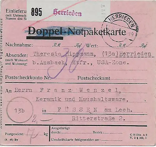 Not-Paketkarte von Herrieden nach Füssen, 1948, EF MiNr. 960