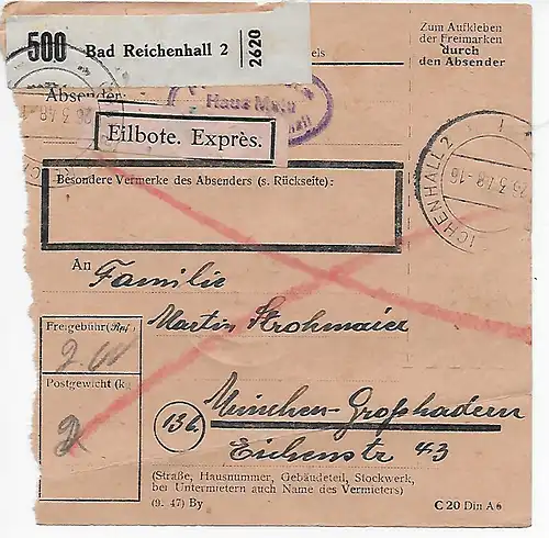Eilbote Paketkarte von Bad Reichenhall nach München, 1948, MeF MiNr. 959