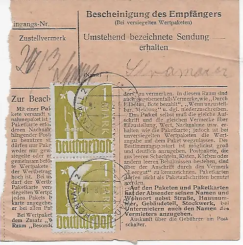 Eilbote Paketkarte von Bad Reichenhall nach München, 1948, MeF MiNr. 959