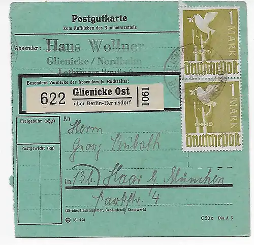 Paketkarte von Glienicke Ost/Hermersdorf nach Haar, 1948, MeF MiNr. 959