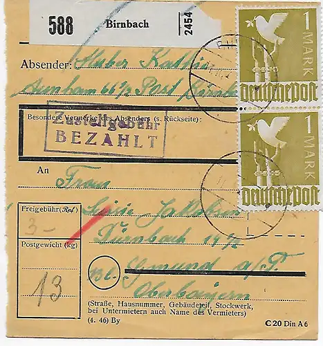 Carte de paquets de Birnbach d'après Gmund a. T., 1948, MeF MiNr. 959