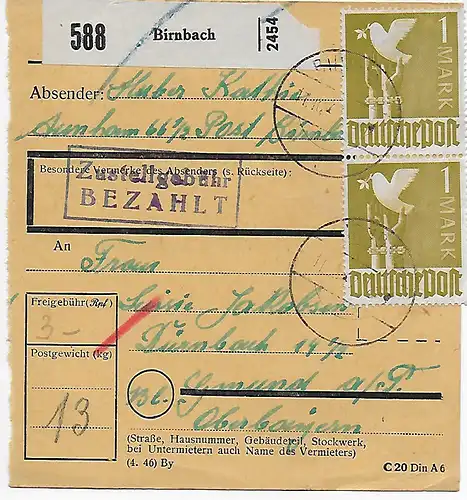 Paketkarte von Birnbach nach Gmund a. T., 1948, MeF MiNr. 959