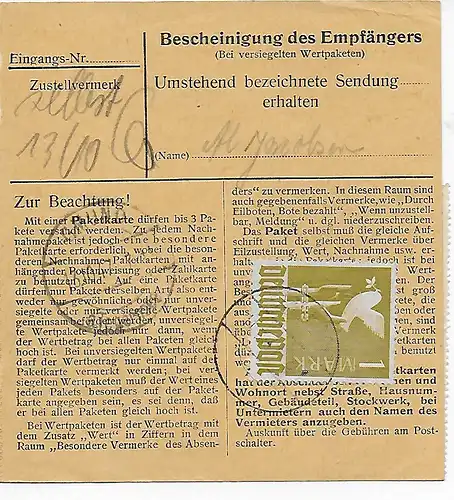 Paketkarte von Birnbach nach Gmund a. T., 1948, MeF MiNr. 959