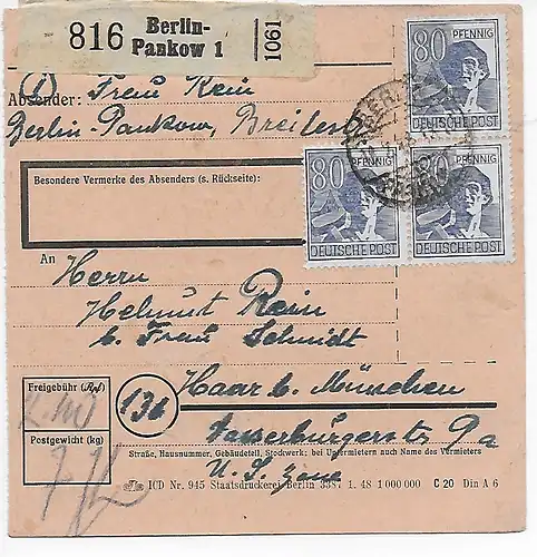 Paketkarte von Berlin-Pankow nach Haar, 1948, MeF MiNr. 957