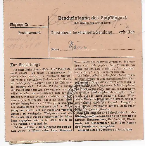 Paketkarte von Berlin-Pankow nach Haar, 1948, MeF MiNr. 957