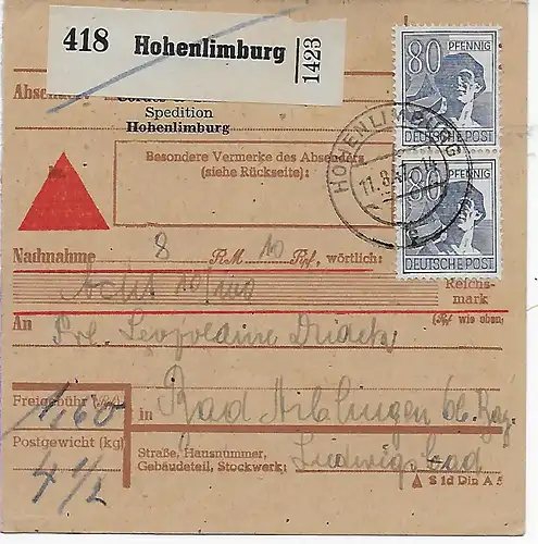 NN-Paketkarte von Hohenlimburg nach Bad Aibling, 1947, MeF MiNr. 957