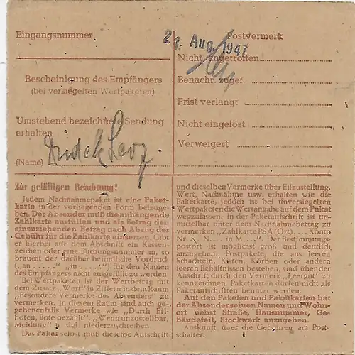 Carte de paquet NN de Hohenlimburg à Bad Aibling, 1947, MeF Mi Nr. 957