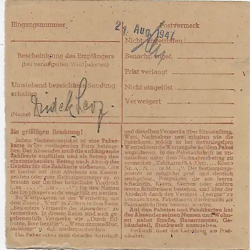 NN-Paketkarte von Hohenlimburg nach Bad Aibling, 1947, MeF MiNr. 957