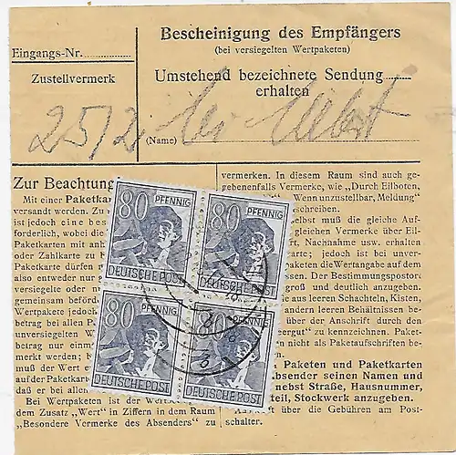 Carte de Package de Schrobenhausen à Munich, 1948, MeF MiNr. 957, Quererblock