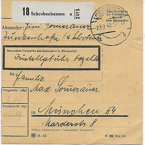 Carte de Package de Schrobenhausen à Munich, 1948, MeF MiNr. 957, Quererblock