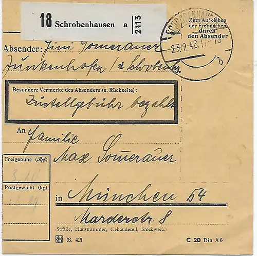 Paketkarte von Schrobenhausen nach München, 1948, MeF MiNr. 957, Viererblock