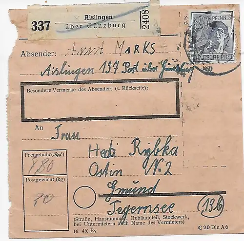 Carte de Aislingen/Günzburg à Gmund, 1948, MeF Mi Nr. 957