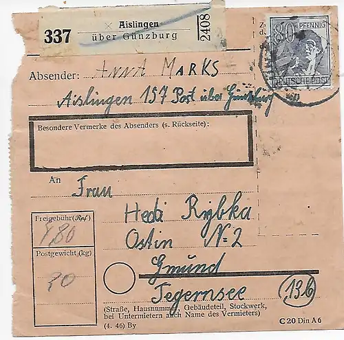 Paketkarte von Aislingen/Günzburg nach Gmund, 1948, MeF MiNr. 957